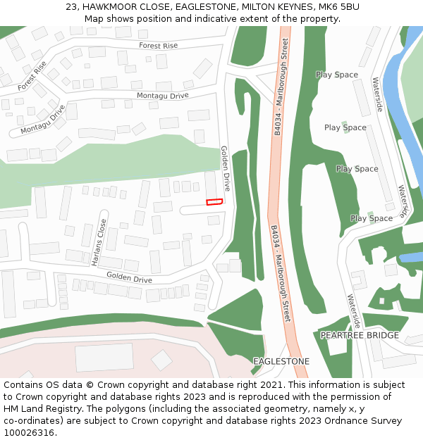 23, HAWKMOOR CLOSE, EAGLESTONE, MILTON KEYNES, MK6 5BU: Location map and indicative extent of plot