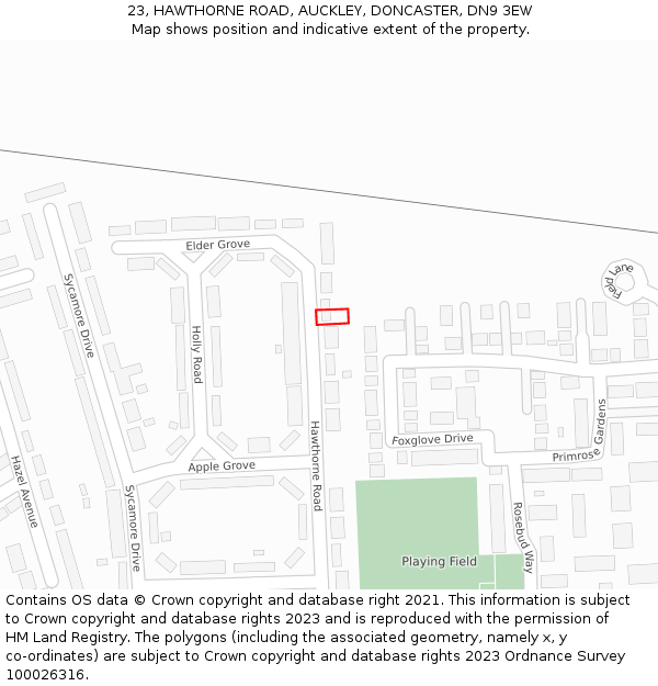 23, HAWTHORNE ROAD, AUCKLEY, DONCASTER, DN9 3EW: Location map and indicative extent of plot