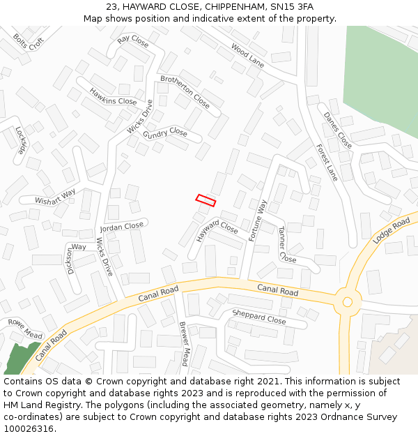 23, HAYWARD CLOSE, CHIPPENHAM, SN15 3FA: Location map and indicative extent of plot