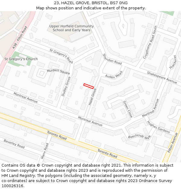 23, HAZEL GROVE, BRISTOL, BS7 0NG: Location map and indicative extent of plot