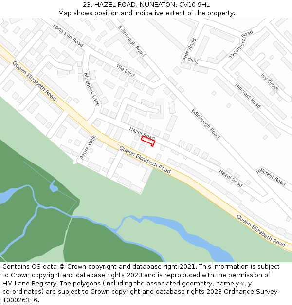 23, HAZEL ROAD, NUNEATON, CV10 9HL: Location map and indicative extent of plot