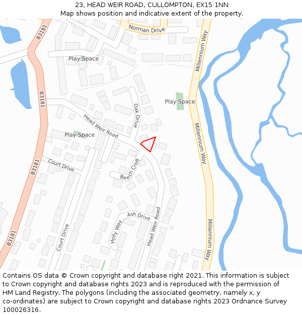 23, HEAD WEIR ROAD, CULLOMPTON, EX15 1NN: Location map and indicative extent of plot