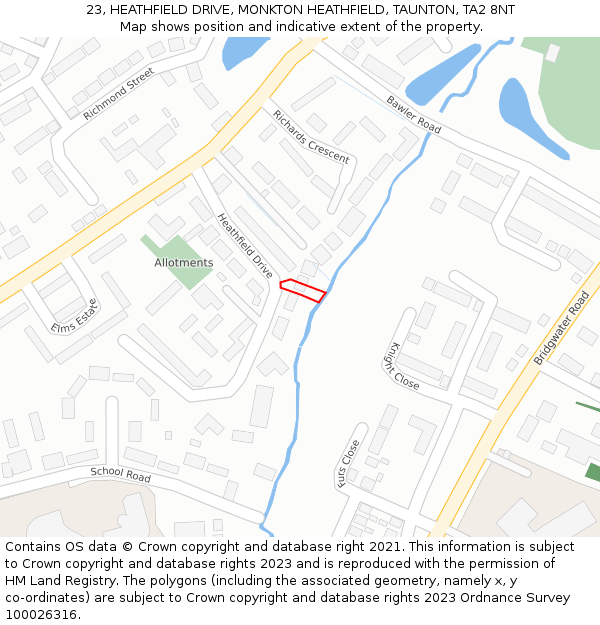 23, HEATHFIELD DRIVE, MONKTON HEATHFIELD, TAUNTON, TA2 8NT: Location map and indicative extent of plot