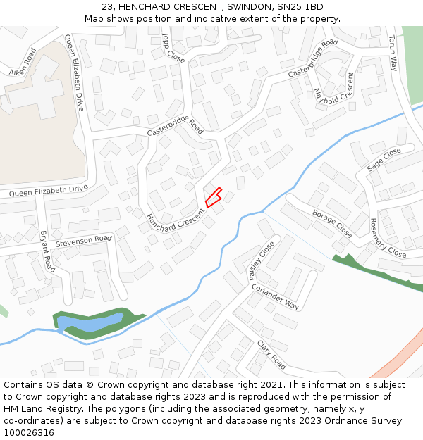 23, HENCHARD CRESCENT, SWINDON, SN25 1BD: Location map and indicative extent of plot