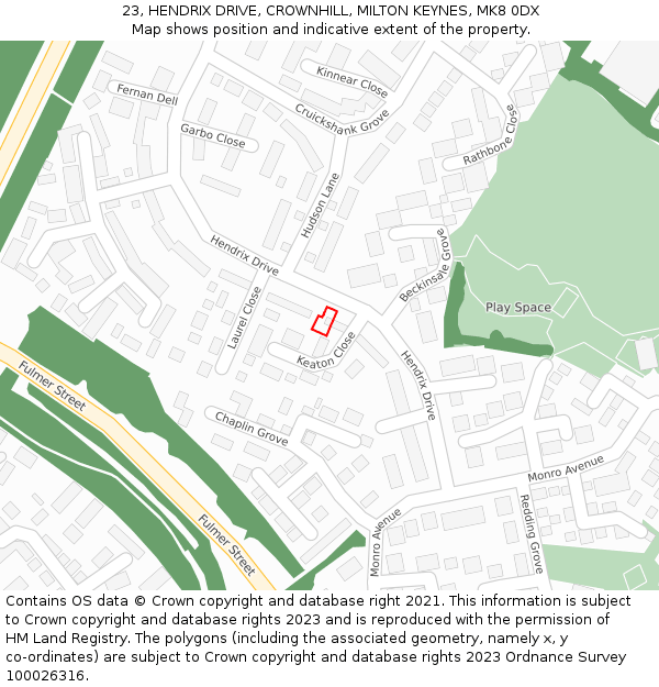 23, HENDRIX DRIVE, CROWNHILL, MILTON KEYNES, MK8 0DX: Location map and indicative extent of plot