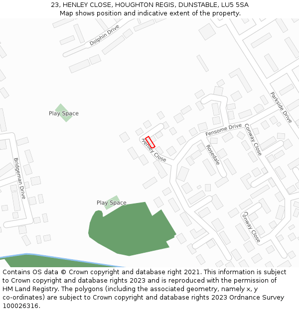 23, HENLEY CLOSE, HOUGHTON REGIS, DUNSTABLE, LU5 5SA: Location map and indicative extent of plot