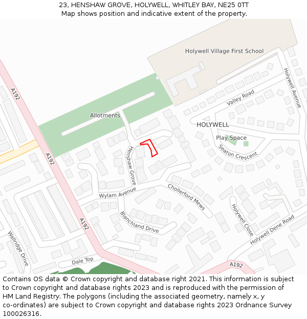 23, HENSHAW GROVE, HOLYWELL, WHITLEY BAY, NE25 0TT: Location map and indicative extent of plot