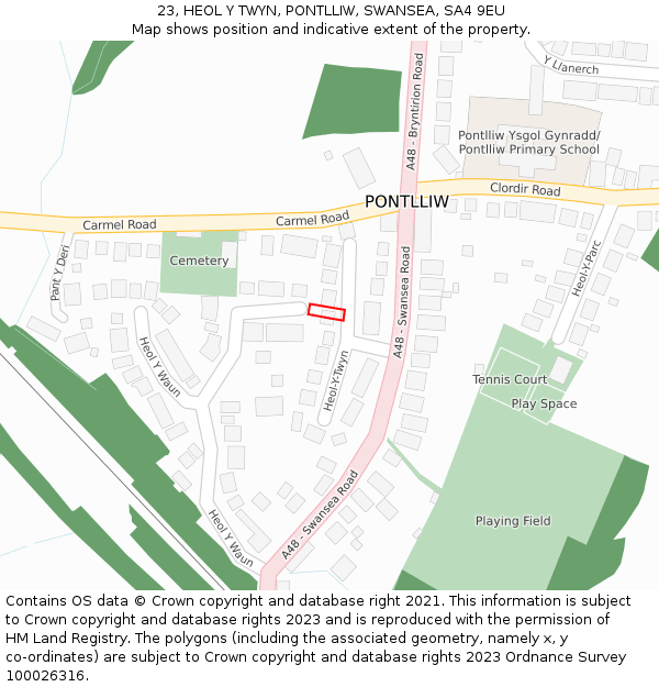 23, HEOL Y TWYN, PONTLLIW, SWANSEA, SA4 9EU: Location map and indicative extent of plot