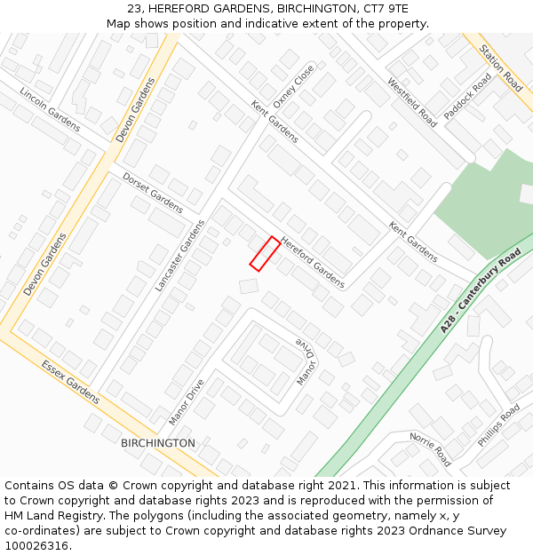 23, HEREFORD GARDENS, BIRCHINGTON, CT7 9TE: Location map and indicative extent of plot