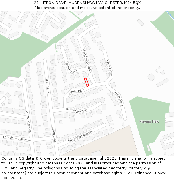 23, HERON DRIVE, AUDENSHAW, MANCHESTER, M34 5QX: Location map and indicative extent of plot