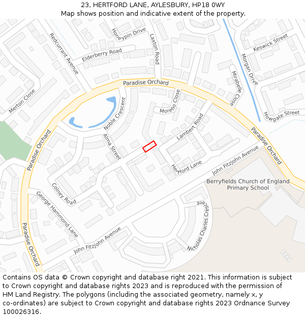 23, HERTFORD LANE, AYLESBURY, HP18 0WY: Location map and indicative extent of plot