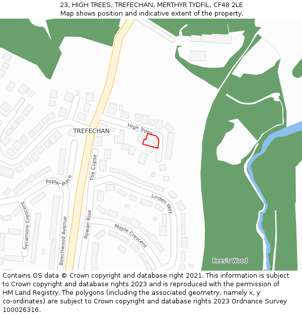 23, HIGH TREES, TREFECHAN, MERTHYR TYDFIL, CF48 2LE: Location map and indicative extent of plot