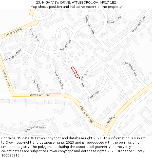 23, HIGH VIEW DRIVE, ATTLEBOROUGH, NR17 1EZ: Location map and indicative extent of plot