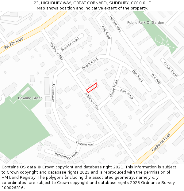 23, HIGHBURY WAY, GREAT CORNARD, SUDBURY, CO10 0HE: Location map and indicative extent of plot