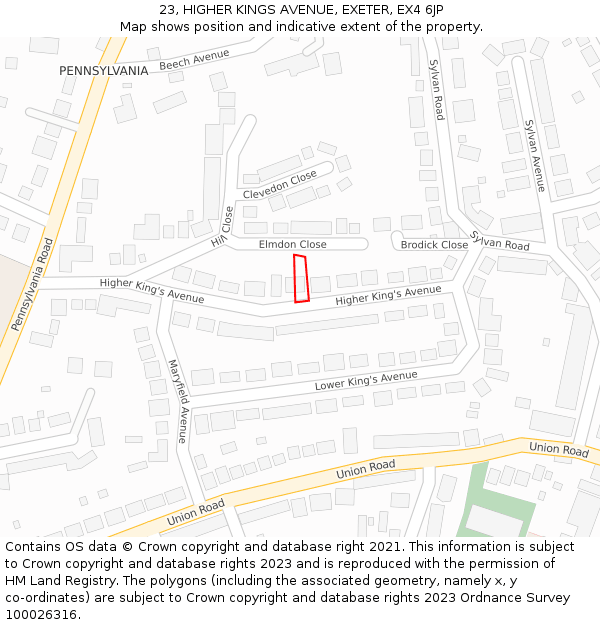 23, HIGHER KINGS AVENUE, EXETER, EX4 6JP: Location map and indicative extent of plot