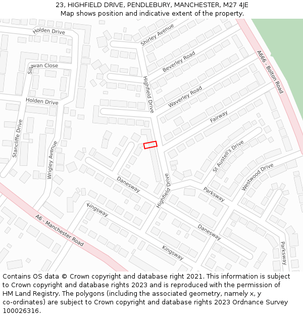 23, HIGHFIELD DRIVE, PENDLEBURY, MANCHESTER, M27 4JE: Location map and indicative extent of plot