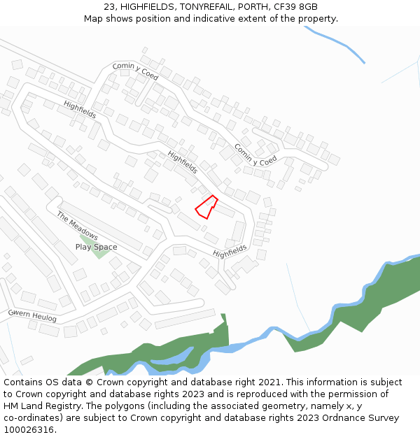 23, HIGHFIELDS, TONYREFAIL, PORTH, CF39 8GB: Location map and indicative extent of plot