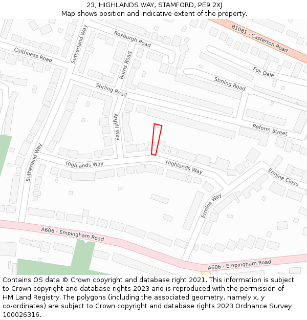 23, HIGHLANDS WAY, STAMFORD, PE9 2XJ: Location map and indicative extent of plot