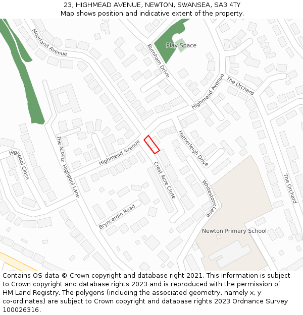 23, HIGHMEAD AVENUE, NEWTON, SWANSEA, SA3 4TY: Location map and indicative extent of plot