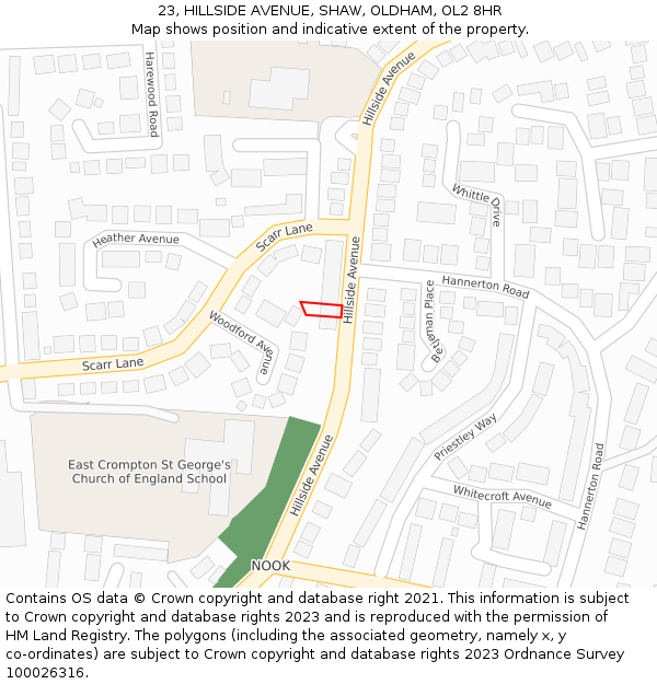 23, HILLSIDE AVENUE, SHAW, OLDHAM, OL2 8HR: Location map and indicative extent of plot