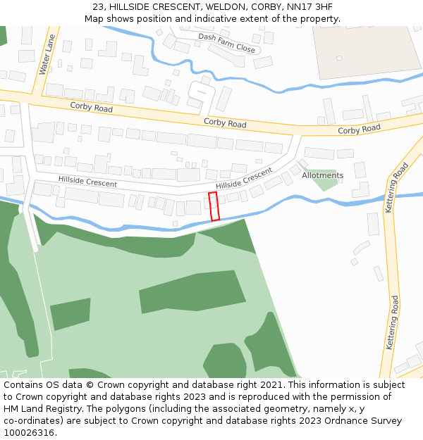 23, HILLSIDE CRESCENT, WELDON, CORBY, NN17 3HF: Location map and indicative extent of plot