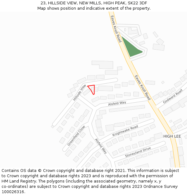 23, HILLSIDE VIEW, NEW MILLS, HIGH PEAK, SK22 3DF: Location map and indicative extent of plot