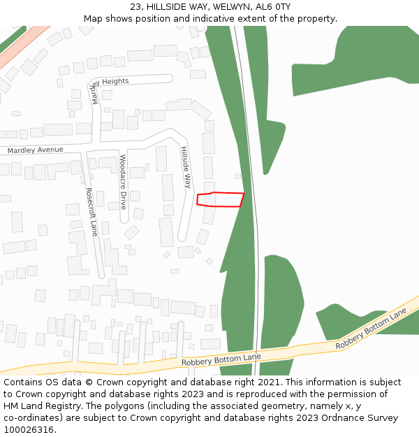 23, HILLSIDE WAY, WELWYN, AL6 0TY: Location map and indicative extent of plot