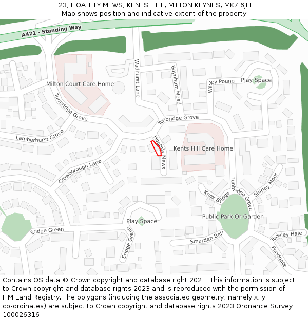 23, HOATHLY MEWS, KENTS HILL, MILTON KEYNES, MK7 6JH: Location map and indicative extent of plot