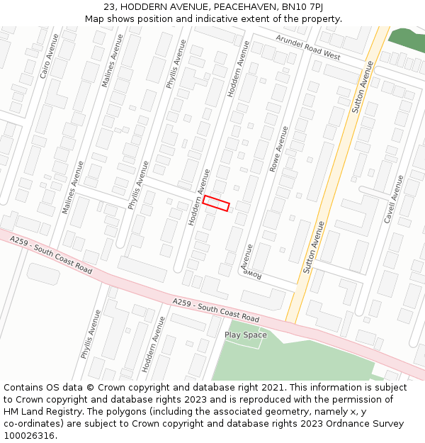 23, HODDERN AVENUE, PEACEHAVEN, BN10 7PJ: Location map and indicative extent of plot