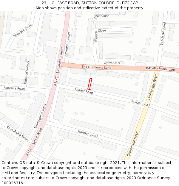 23, HOLIFAST ROAD, SUTTON COLDFIELD, B72 1AP: Location map and indicative extent of plot