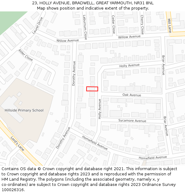 23, HOLLY AVENUE, BRADWELL, GREAT YARMOUTH, NR31 8NL: Location map and indicative extent of plot