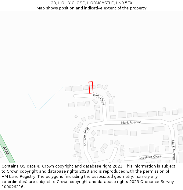 23, HOLLY CLOSE, HORNCASTLE, LN9 5EX: Location map and indicative extent of plot