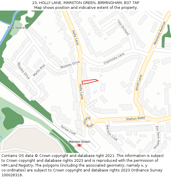 23, HOLLY LANE, MARSTON GREEN, BIRMINGHAM, B37 7AP: Location map and indicative extent of plot