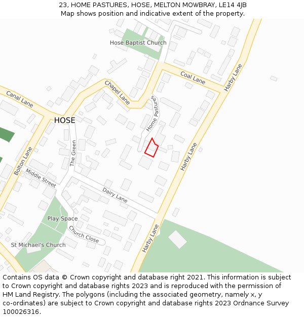 23, HOME PASTURES, HOSE, MELTON MOWBRAY, LE14 4JB: Location map and indicative extent of plot