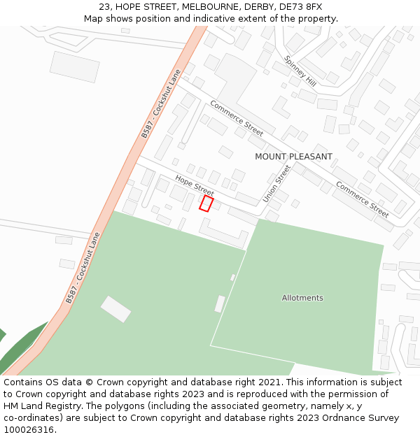 23, HOPE STREET, MELBOURNE, DERBY, DE73 8FX: Location map and indicative extent of plot