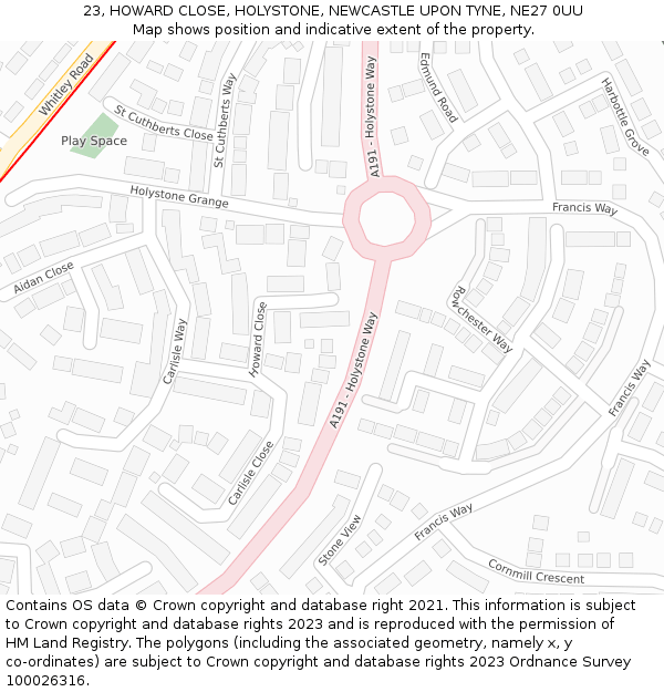 23, HOWARD CLOSE, HOLYSTONE, NEWCASTLE UPON TYNE, NE27 0UU: Location map and indicative extent of plot