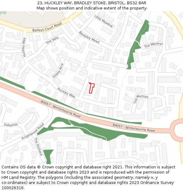 23, HUCKLEY WAY, BRADLEY STOKE, BRISTOL, BS32 8AR: Location map and indicative extent of plot