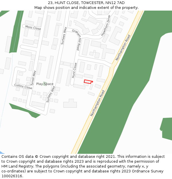 23, HUNT CLOSE, TOWCESTER, NN12 7AD: Location map and indicative extent of plot