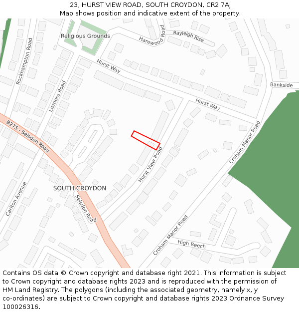 23, HURST VIEW ROAD, SOUTH CROYDON, CR2 7AJ: Location map and indicative extent of plot