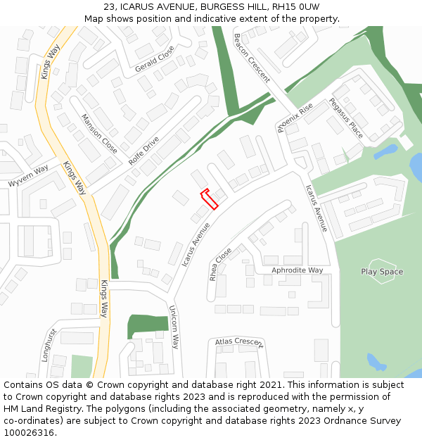 23, ICARUS AVENUE, BURGESS HILL, RH15 0UW: Location map and indicative extent of plot