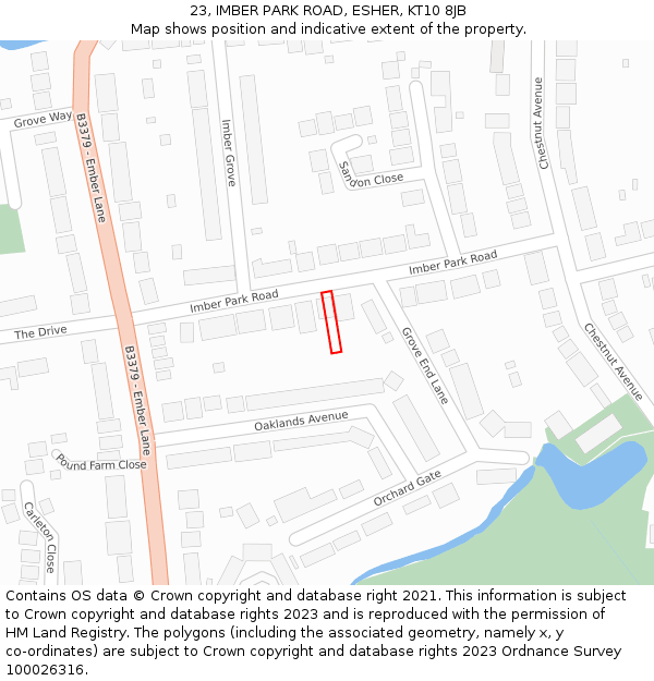 23, IMBER PARK ROAD, ESHER, KT10 8JB: Location map and indicative extent of plot