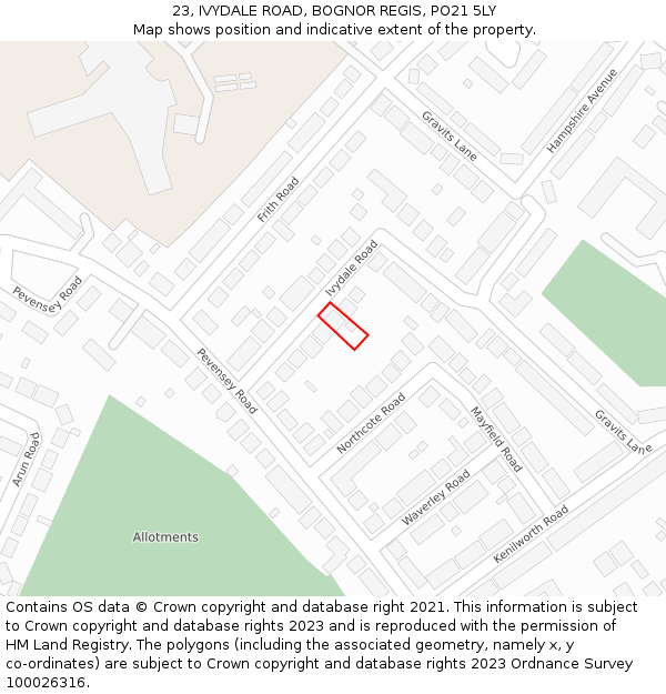 23, IVYDALE ROAD, BOGNOR REGIS, PO21 5LY: Location map and indicative extent of plot