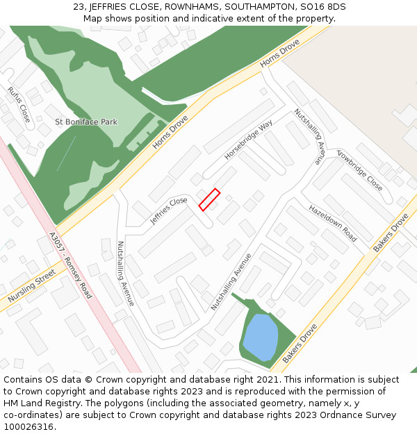 23, JEFFRIES CLOSE, ROWNHAMS, SOUTHAMPTON, SO16 8DS: Location map and indicative extent of plot