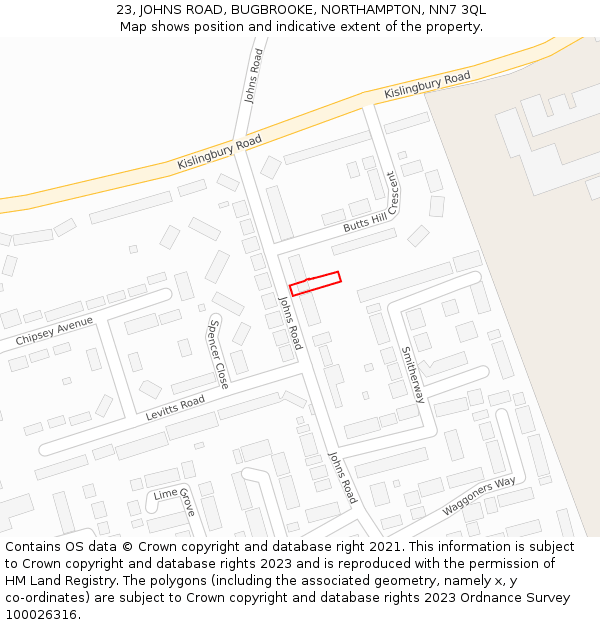 23, JOHNS ROAD, BUGBROOKE, NORTHAMPTON, NN7 3QL: Location map and indicative extent of plot