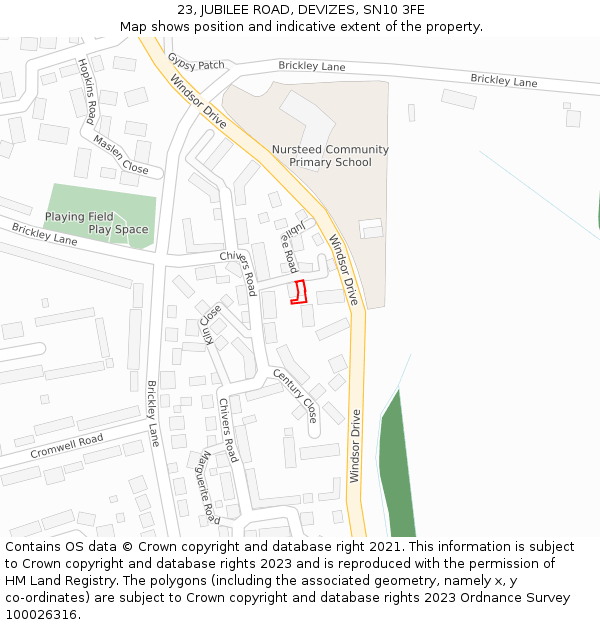 23, JUBILEE ROAD, DEVIZES, SN10 3FE: Location map and indicative extent of plot