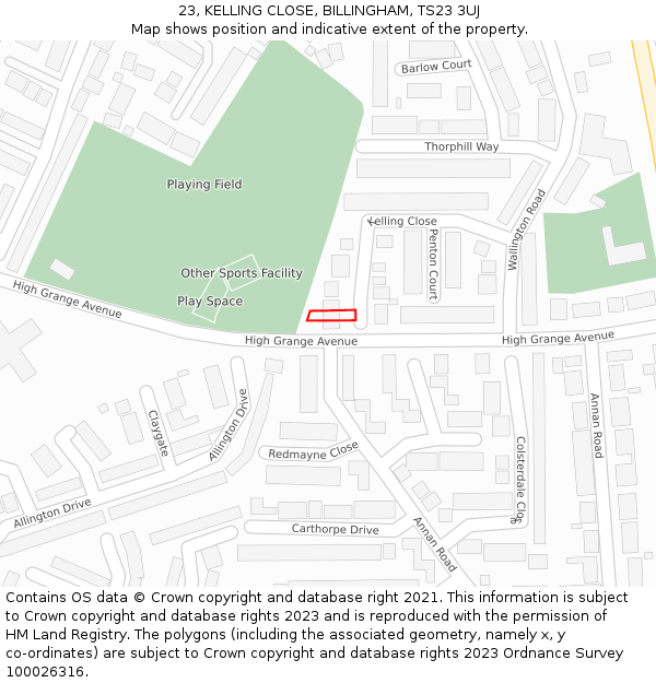 23, KELLING CLOSE, BILLINGHAM, TS23 3UJ: Location map and indicative extent of plot