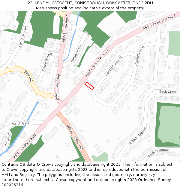 23, KENDAL CRESCENT, CONISBROUGH, DONCASTER, DN12 2DU: Location map and indicative extent of plot