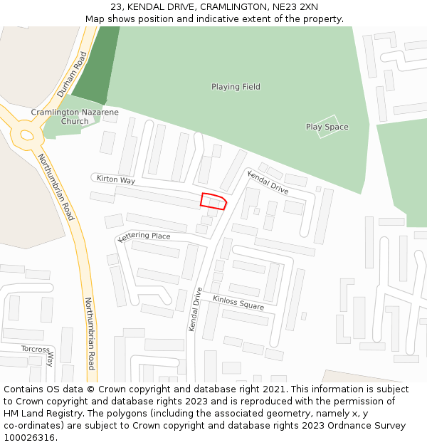 23, KENDAL DRIVE, CRAMLINGTON, NE23 2XN: Location map and indicative extent of plot