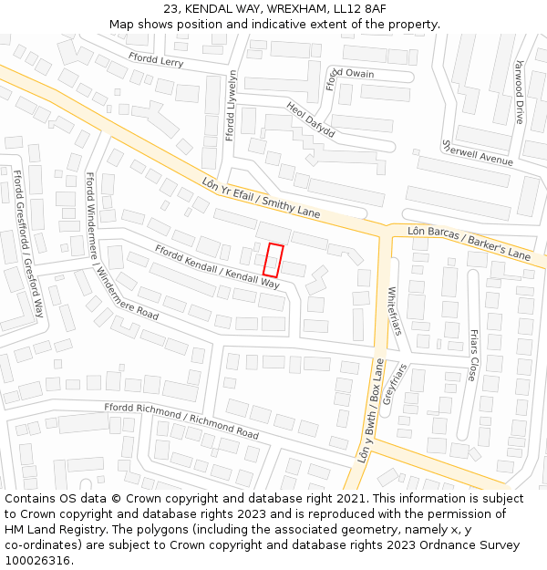 23, KENDAL WAY, WREXHAM, LL12 8AF: Location map and indicative extent of plot