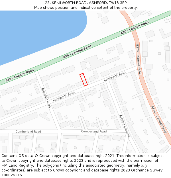 23, KENILWORTH ROAD, ASHFORD, TW15 3EP: Location map and indicative extent of plot